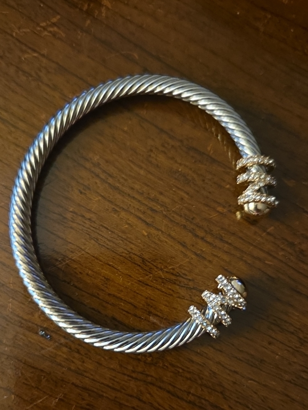 Gold Tone and Silver Tone Cable Cuff Bangle Rope Bracelet Pave Crystal Accents - Picture 8 of 8